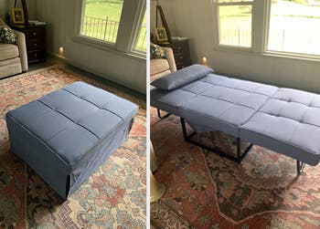 a reviewer shows the ottoman folded and pulled out into a bed