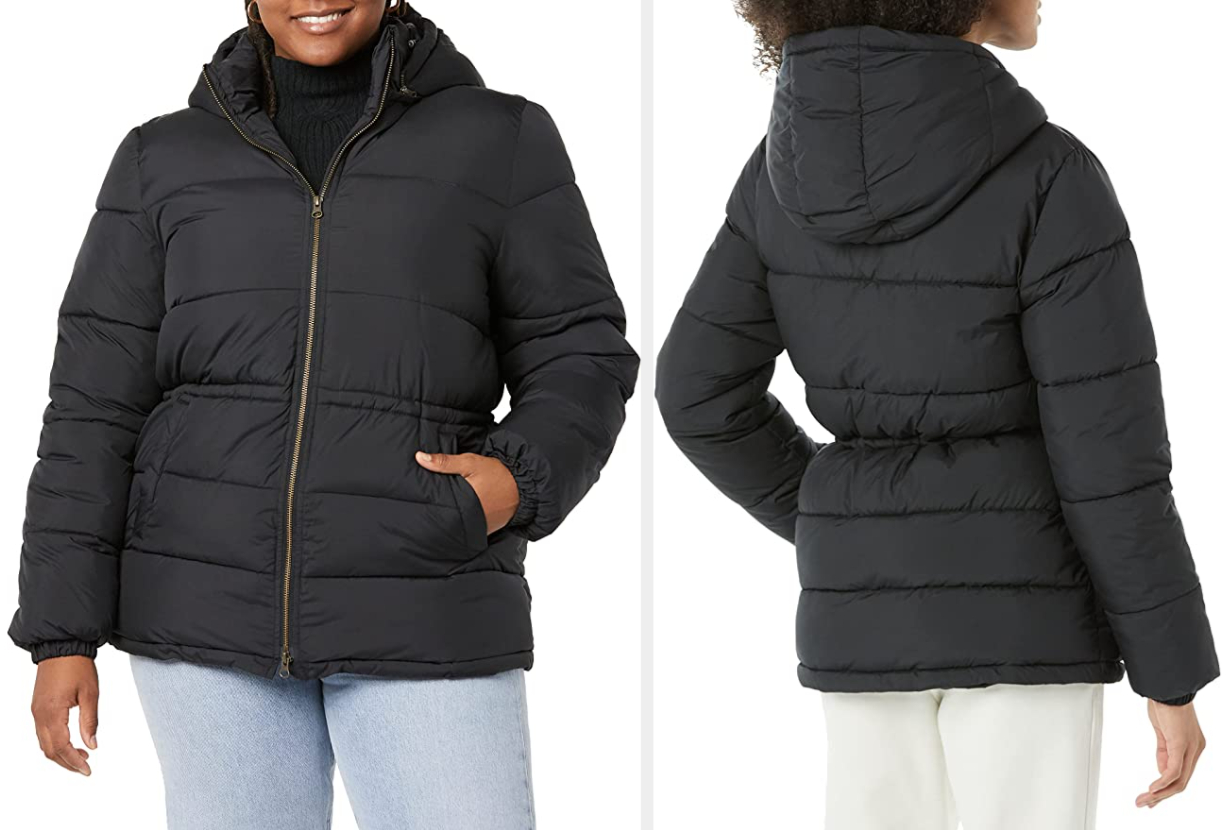 Two images of models wearing the black jacket