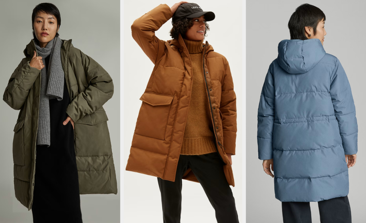 Three images of models wearing green, brown, and blue jackets