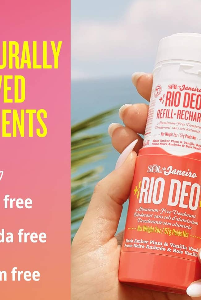 Hand holding a bottle of Rio Deo roll-on deodorant