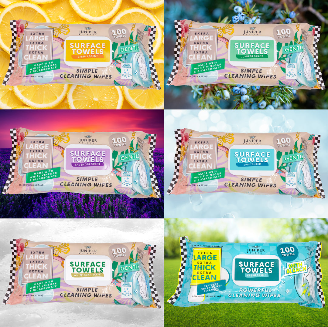 Packaging variations of Juniper cleaning wipes with substance   highlighting 