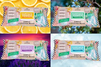 Packaging variations of Juniper cleaning wipes with substance highlighting