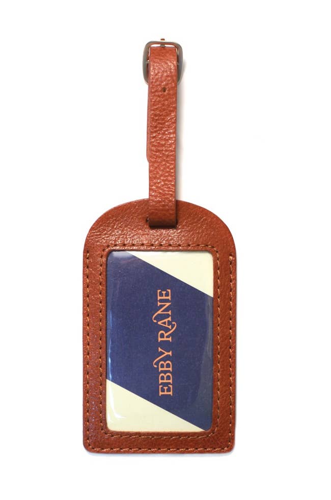 cognac leather luggage tag with Ebby Rane logo