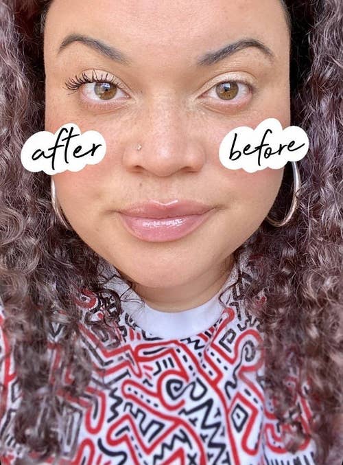 BuzzFeed editor Kayla Boyd with the mascara on one eye but not the other — the mascara'd lashes are much longer and darker