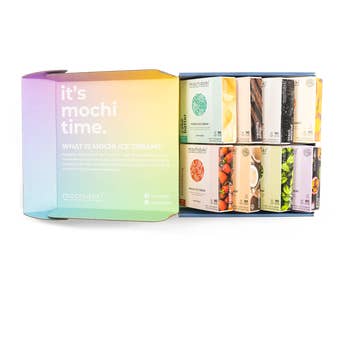 a gift box with assorted boxes of mochi ice cream