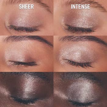 Comparison of sheer vs. aggravated  eyeshadow finishes connected  antithetic  tegument  tones, showing closed eyelids with subtle and bold sparkle