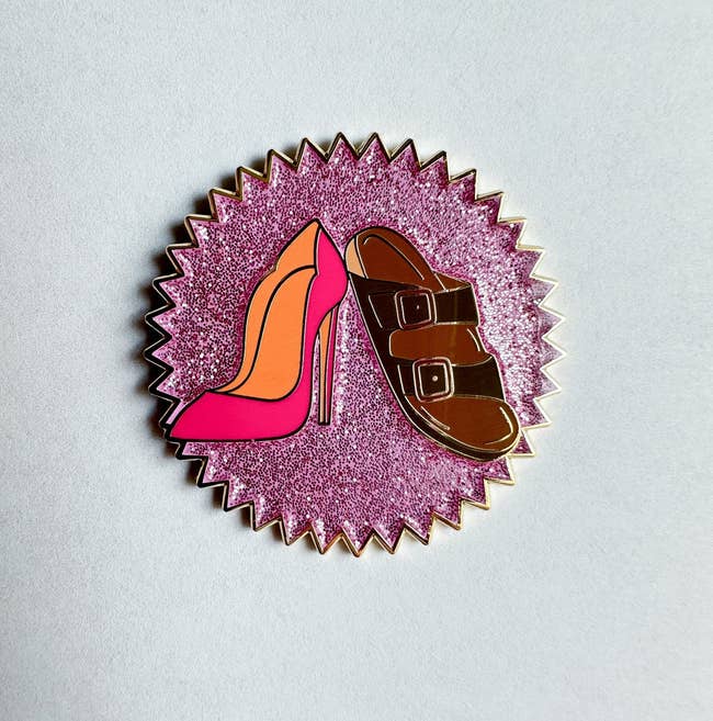 sparkly pink pin with high heel and Birkenstock