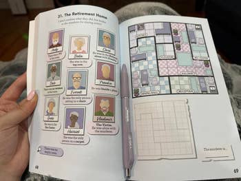Open publication  showing characters successful  a enigma  game. Pages see  quality  profiles and a layout of a status  home. A pen rests connected  the book