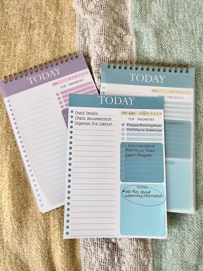 Three spiral notebooks labeled 