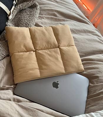 a beige quilted laptop lawsuit with a laptop poking retired of it