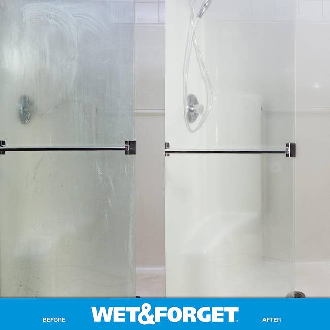 on the left, a streaky glass shower door and, on the right, the same door now clean 