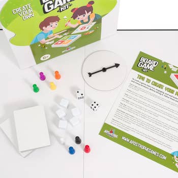 Board crippled  kit with customizable pieces, cards, dice, pawns, and spinner. Includes an acquisition   expanse  with guidelines for creating your ain  game