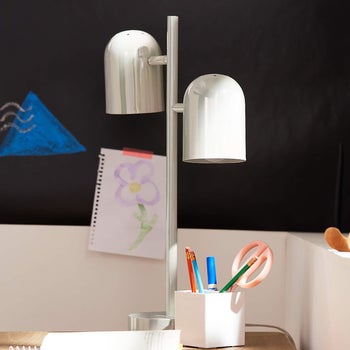 iridescent white lamp on a kids' desk