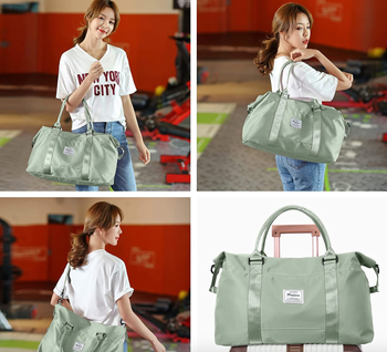 model showing off the duffel bag in the pale green color