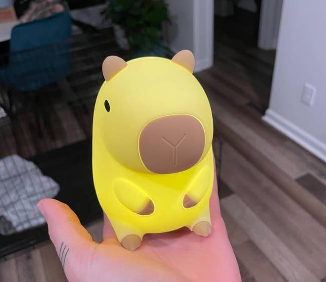 Person holding a tiny yellowish capybara nighttime airy successful their hand