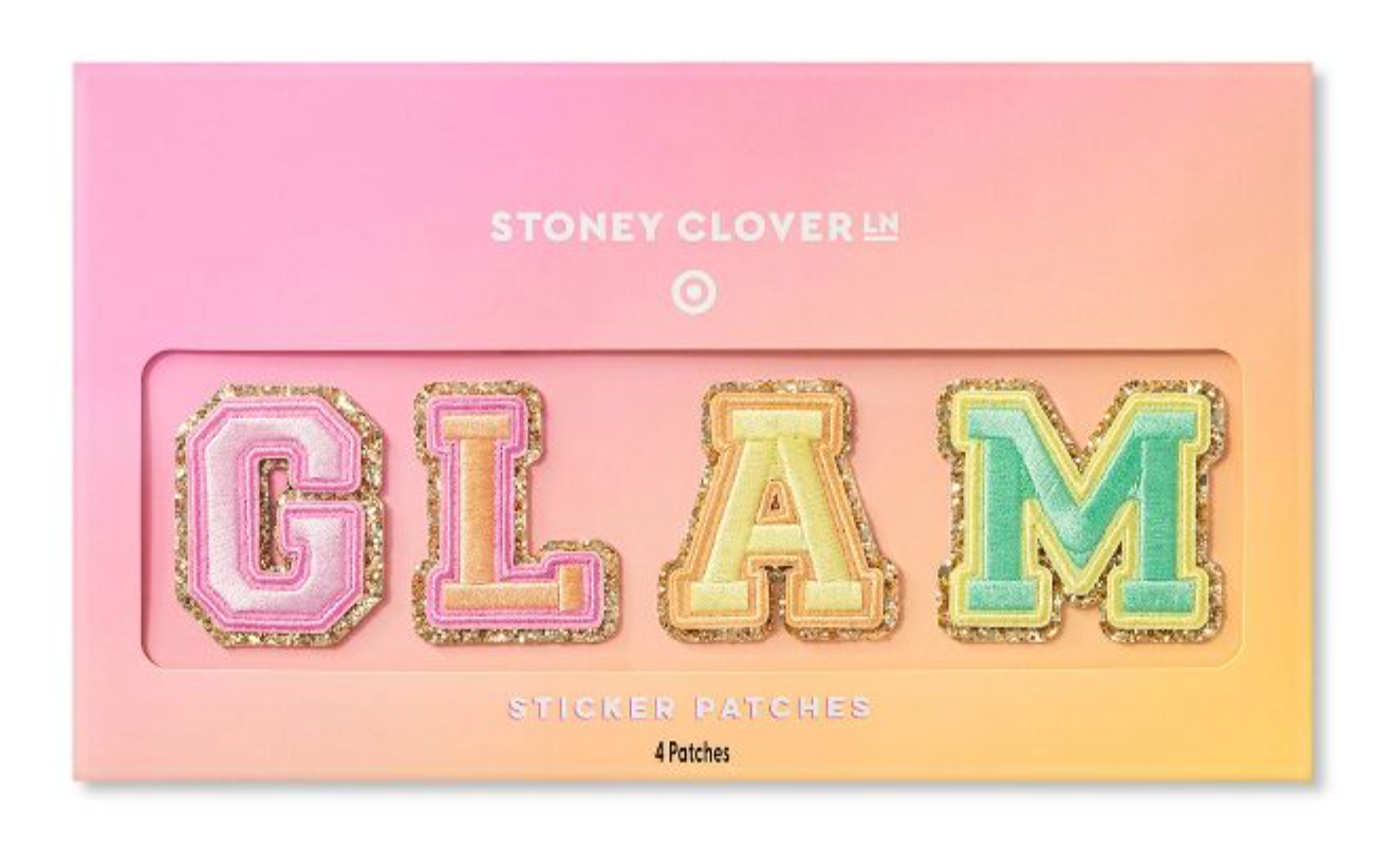 colorful patches that spell glam in all caps