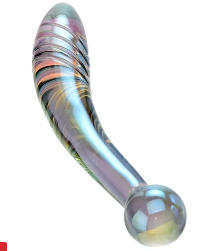 A curved, iridescent solid  entity  with a smooth, rounded extremity  and ridged section, utilized  arsenic  a idiosyncratic   massager