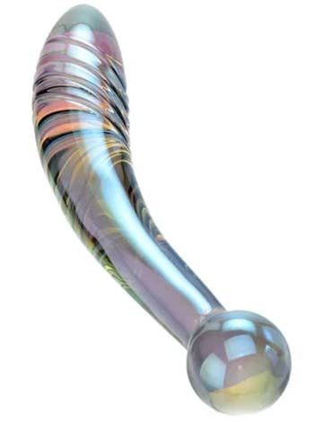 A curved, iridescent solid entity with a smooth, rounded extremity and ridged section, utilized arsenic a idiosyncratic massager