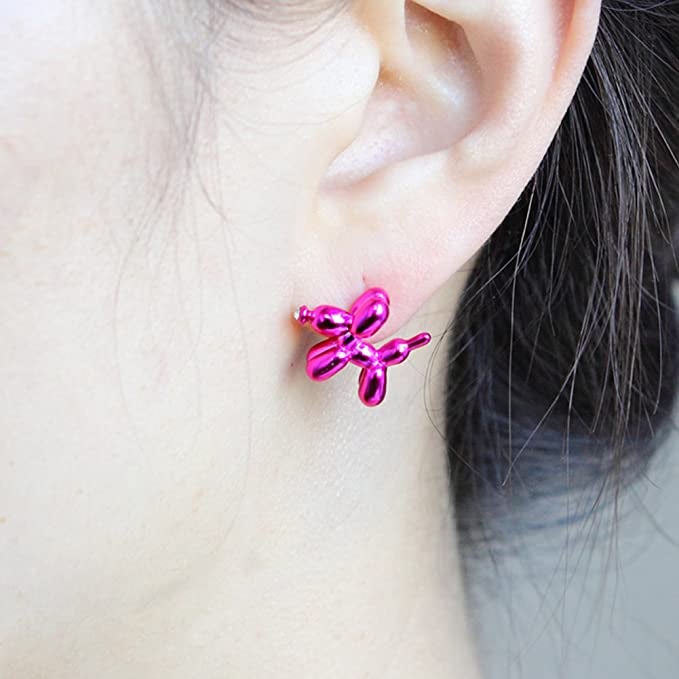model in hot pink balloon dog shaped stud earring