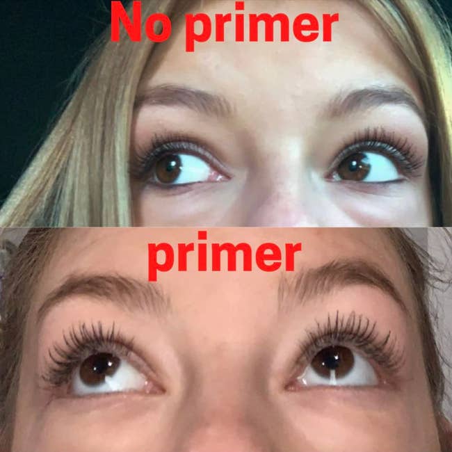 reviewer wearing mascara without primer, and then a second image of them wearing primer with mascara slightly more full in appearance 