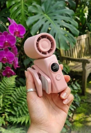 Hand holding a portable, rechargeable mini instrumentality with a integer display, acceptable successful a plot with orchids and ferns successful the background