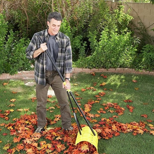 model using the yellow rake to rake leaves