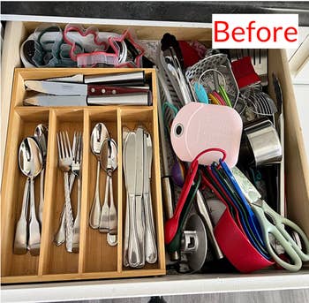 reviewer before photo of their utensil drawer, which is crammed and overflowing with kitchen tools due to a lack of space