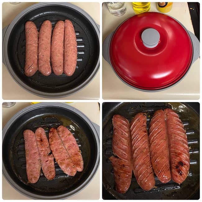 Frozen sausages on the grill pan, ready for the microwave; frozen sausages in the pan with the top on; and the sausages on the pan after being cooked in the microwave