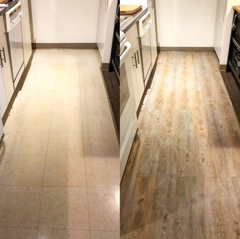 a reviewer before and after photo of the vinyl wood style flooring on a kitchen floor