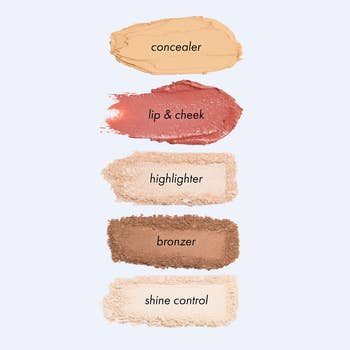 Swatches of makeup: concealer, lip & cheek color, highlighter, bronzer, shine control powder