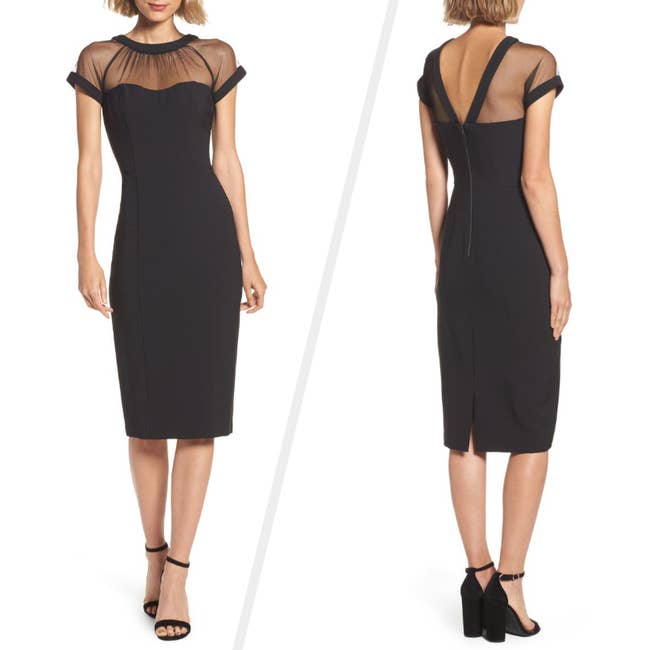 Two images of a model wearing the black sheath dress