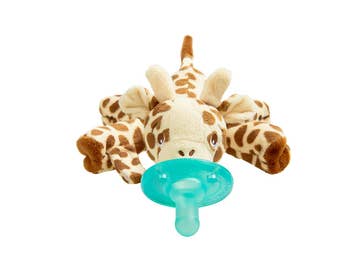 The paci attached to a stuffed giraffe