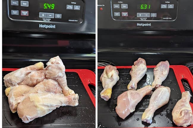 reviewer before photo of frozen chicken drumsticks on the defrosting tray / after photo less than 1 hour later showing them the fully thawed