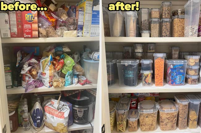 reviewer showing before and after photos of several boxes of pantry items transferred into food storage containers
