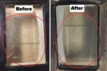 Reviewer image of oven door with grime and clean