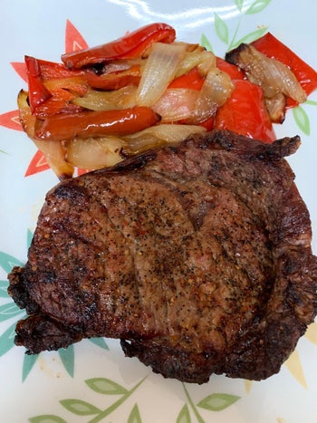 reviewer image of grilled chicken and peppers cooked in the air fryer