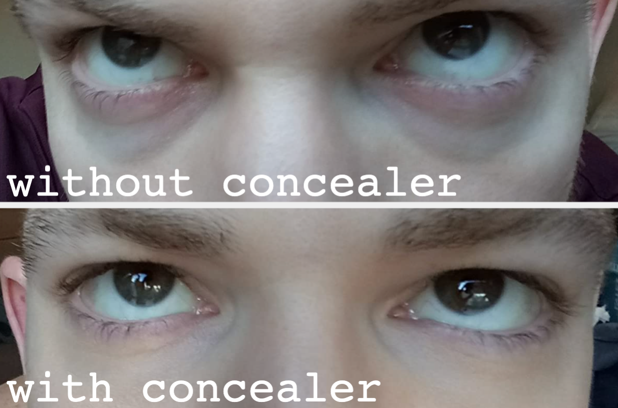 reviewer with under eye bags and label 