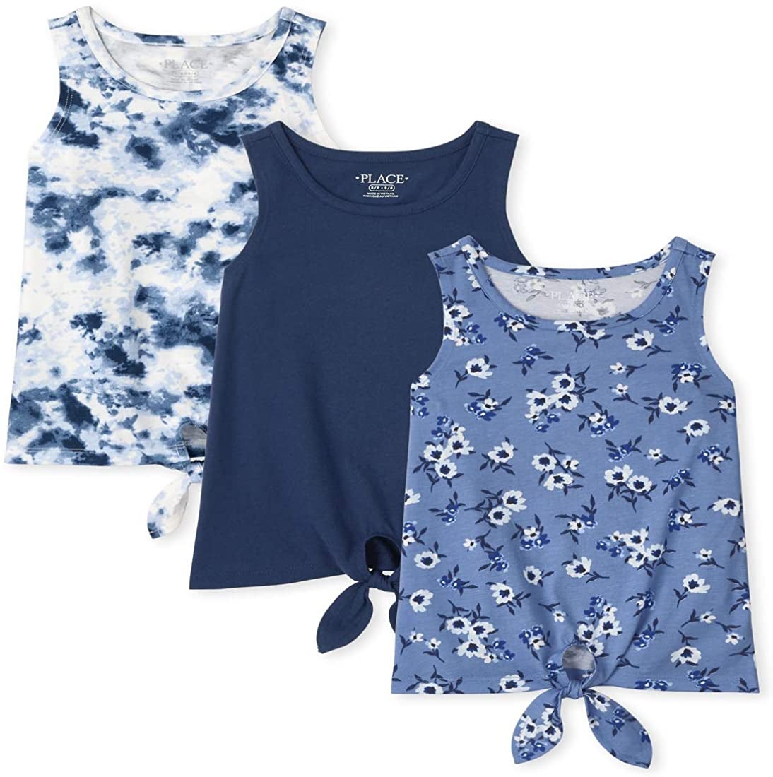 three tie-front shirts in various shades of blue and different designs