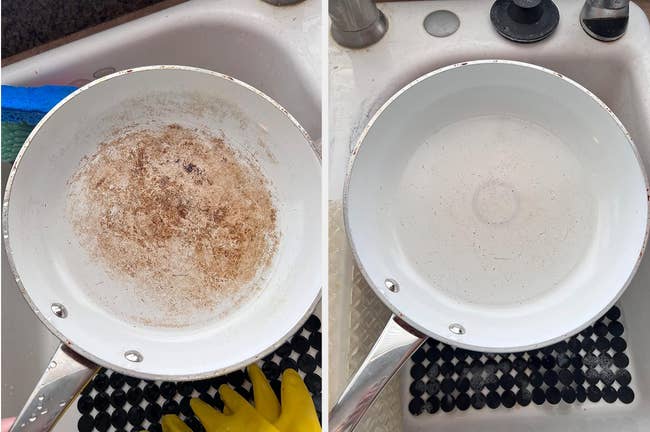 before/after of a burned pan that's been cleaned using the bar keepers friend