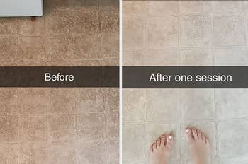 Reviewer image of dirty floor before and after being steam cleaned