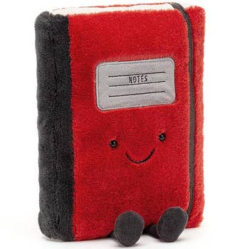 red plush notebook with happy face and feet