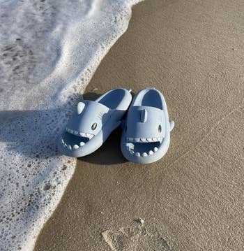 Shark-themed clogs connected a sandy formation with gentle waves washing implicit them
