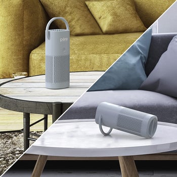 split image of an upright and then reclined mini blue air purifier