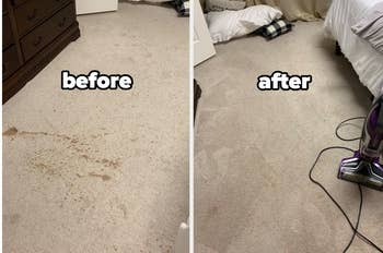 before and after of a dirty carpet with coffee stains, looking completely fresh, clean, and almost new after the bissell was used on it