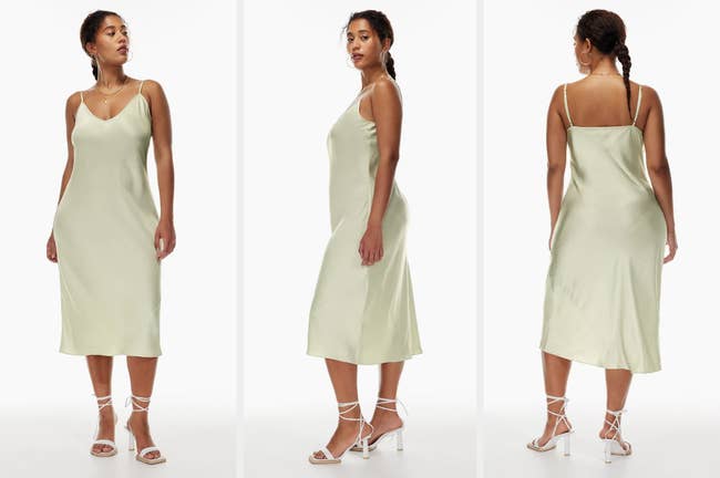 Model showing front, side, and back view of midi slip sage green dress
