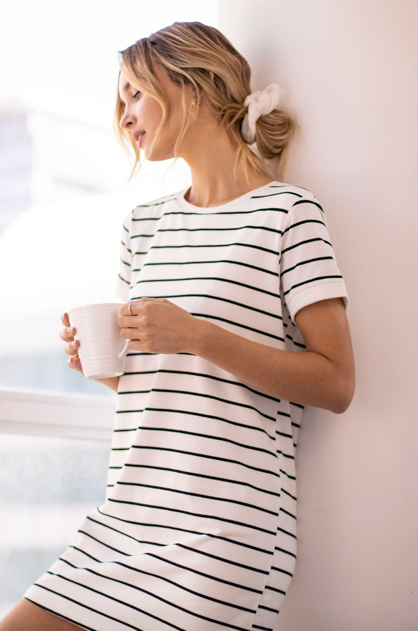 model wearing the striped dress