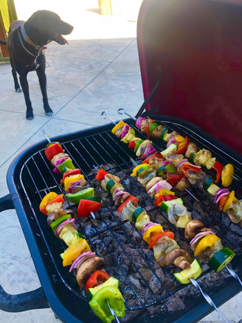 reviewer photo of colorful vegetable pieces arranged on the skewers and cooking over a grill