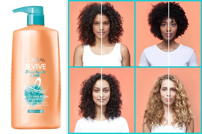 Orange and teal bottle of curl shampoo on white background, four models with curly, coily, and wavy hair before and after using product