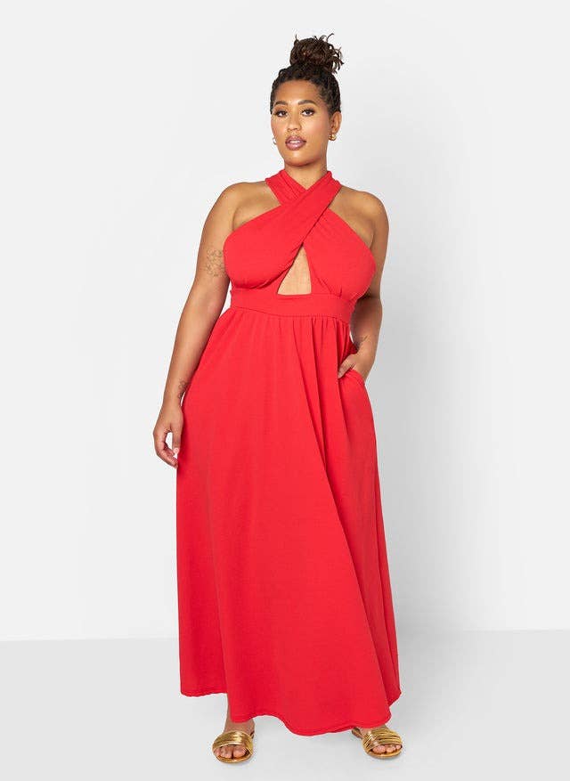 model in red halter neck maxi dress