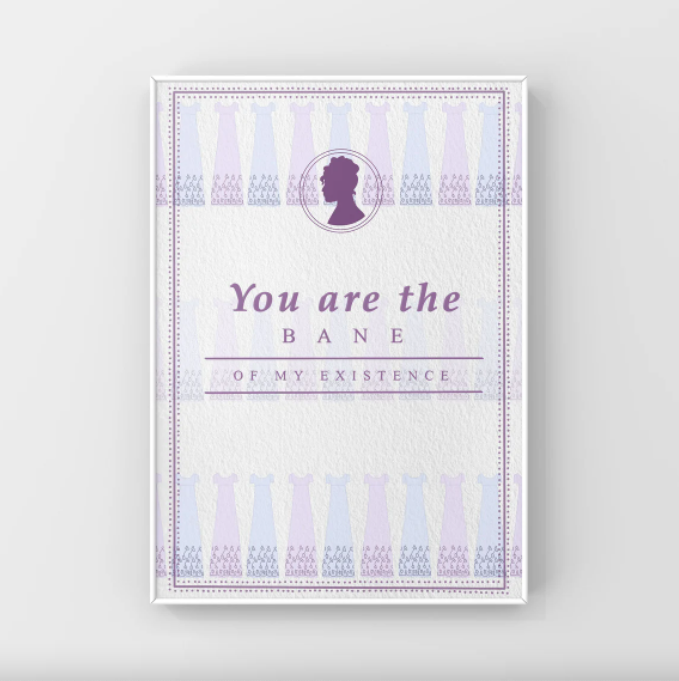 light purple print with text and cameo of kate and purple dress print background